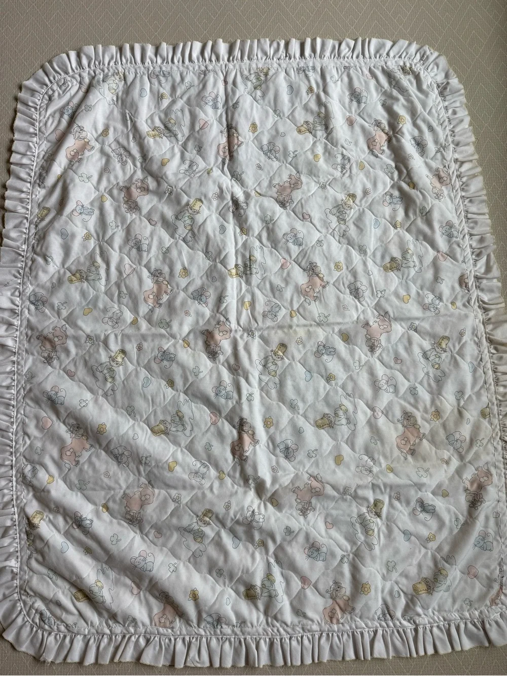 Precious Moments Pastel Nursery Quilt with Animal Motif - White